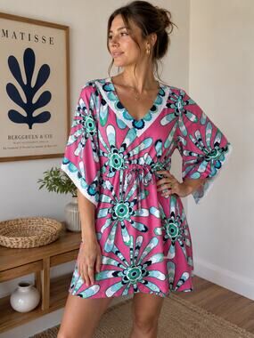 Tracy Negoshian Floral Abstract Tie Waist Dress M